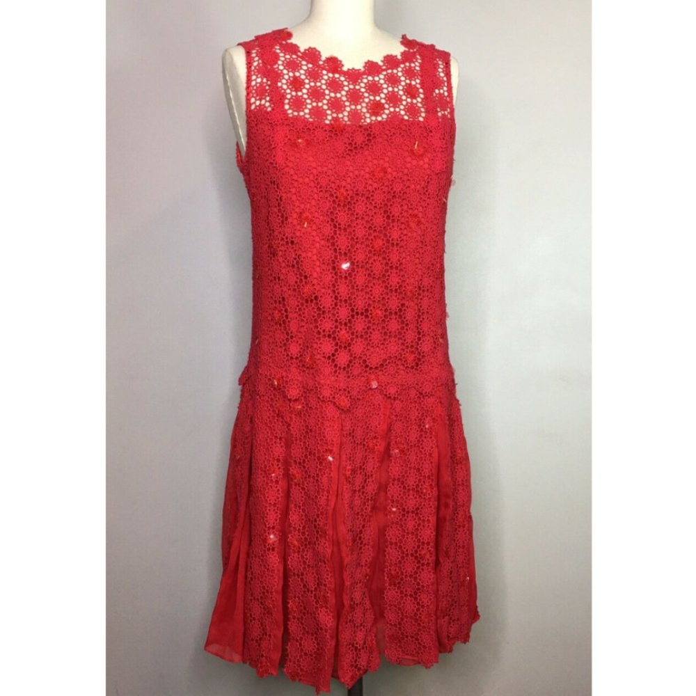 Elie Tahari Womens Red Floral Embroidered Dress